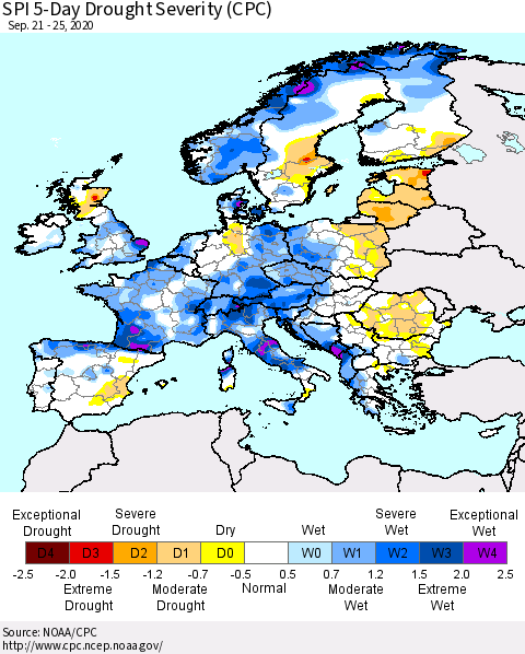 Europe SPI 5-Day Drought Severity (CPC) Thematic Map For 9/21/2020 - 9/25/2020