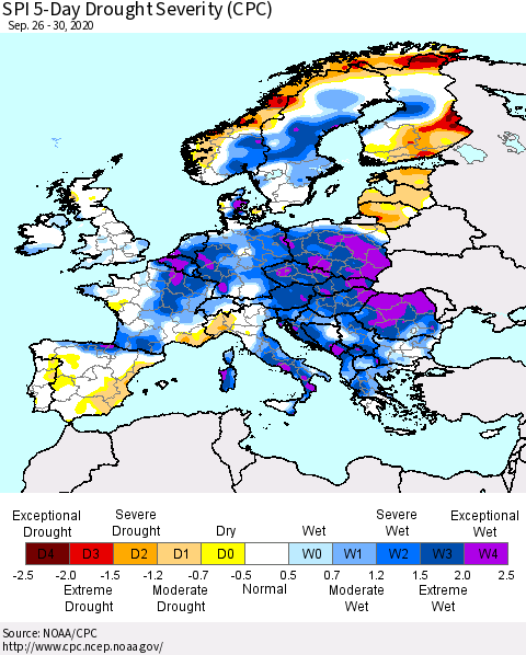 Europe SPI 5-Day Drought Severity (CPC) Thematic Map For 9/26/2020 - 9/30/2020