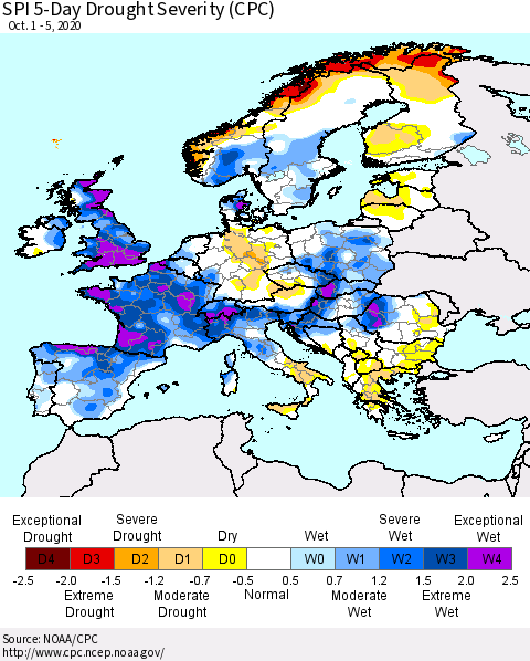 Europe SPI 5-Day Drought Severity (CPC) Thematic Map For 10/1/2020 - 10/5/2020