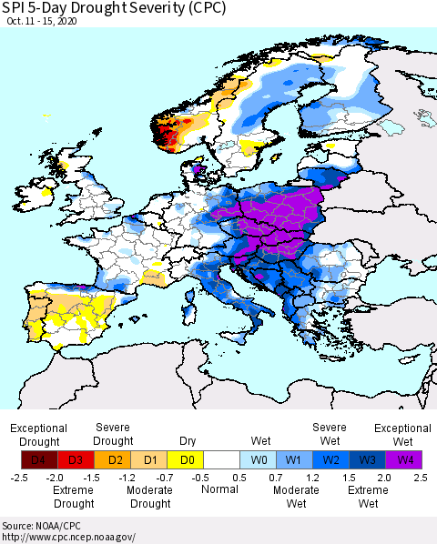 Europe SPI 5-Day Drought Severity (CPC) Thematic Map For 10/11/2020 - 10/15/2020