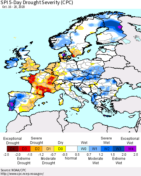 Europe SPI 5-Day Drought Severity (CPC) Thematic Map For 10/16/2020 - 10/20/2020