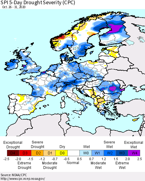 Europe SPI 5-Day Drought Severity (CPC) Thematic Map For 10/26/2020 - 10/31/2020