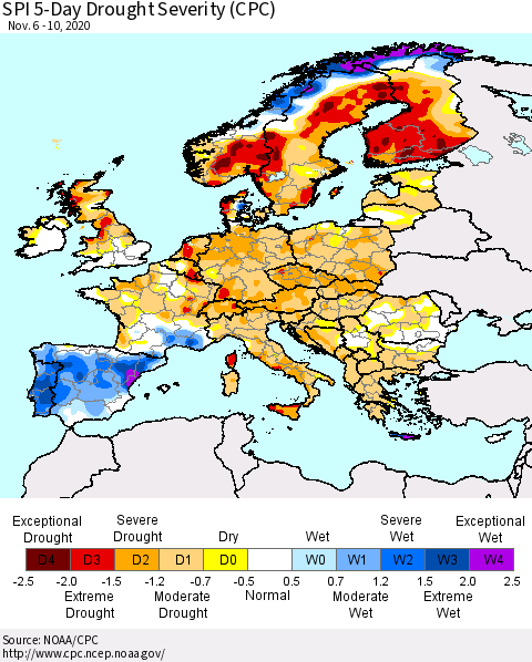 Europe SPI 5-Day Drought Severity (CPC) Thematic Map For 11/6/2020 - 11/10/2020