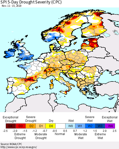 Europe SPI 5-Day Drought Severity (CPC) Thematic Map For 11/11/2020 - 11/15/2020