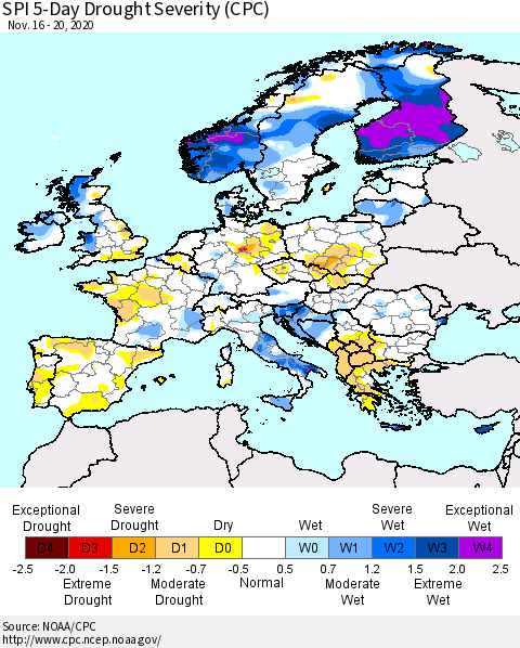 Europe SPI 5-Day Drought Severity (CPC) Thematic Map For 11/16/2020 - 11/20/2020