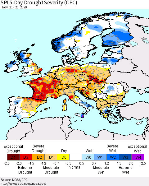 Europe SPI 5-Day Drought Severity (CPC) Thematic Map For 11/21/2020 - 11/25/2020