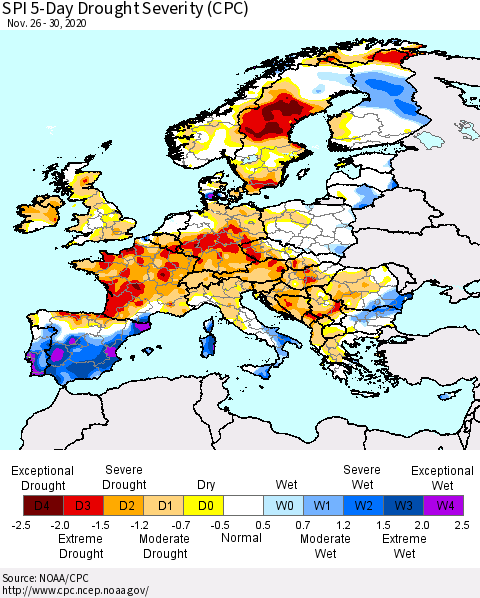 Europe SPI 5-Day Drought Severity (CPC) Thematic Map For 11/26/2020 - 11/30/2020