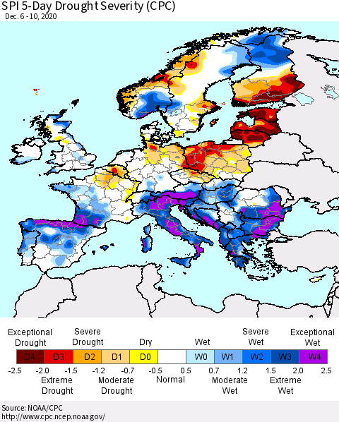 Europe SPI 5-Day Drought Severity (CPC) Thematic Map For 12/6/2020 - 12/10/2020