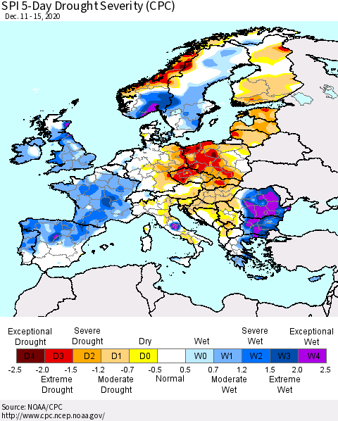 Europe SPI 5-Day Drought Severity (CPC) Thematic Map For 12/11/2020 - 12/15/2020