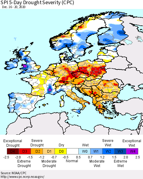 Europe SPI 5-Day Drought Severity (CPC) Thematic Map For 12/16/2020 - 12/20/2020