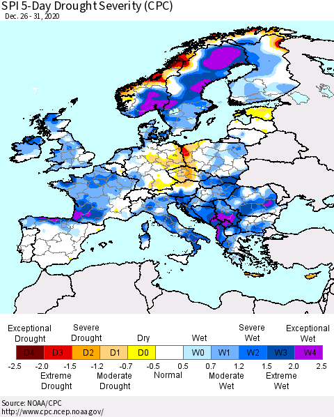 Europe SPI 5-Day Drought Severity (CPC) Thematic Map For 12/26/2020 - 12/31/2020