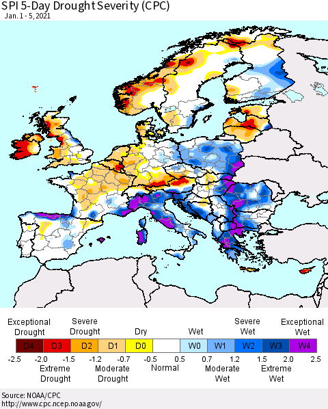 Europe SPI 5-Day Drought Severity (CPC) Thematic Map For 1/1/2021 - 1/5/2021