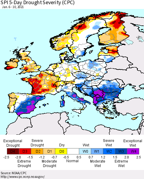 Europe SPI 5-Day Drought Severity (CPC) Thematic Map For 1/6/2021 - 1/10/2021