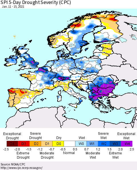 Europe SPI 5-Day Drought Severity (CPC) Thematic Map For 1/11/2021 - 1/15/2021