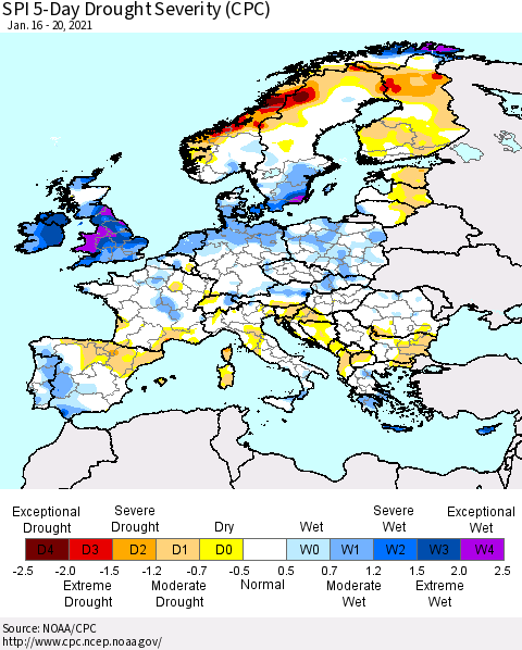 Europe SPI 5-Day Drought Severity (CPC) Thematic Map For 1/16/2021 - 1/20/2021