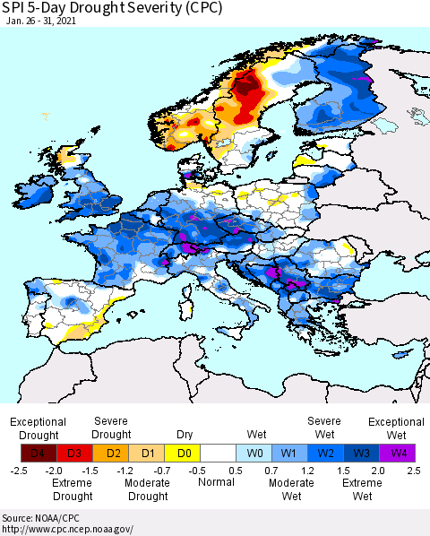 Europe SPI 5-Day Drought Severity (CPC) Thematic Map For 1/26/2021 - 1/31/2021