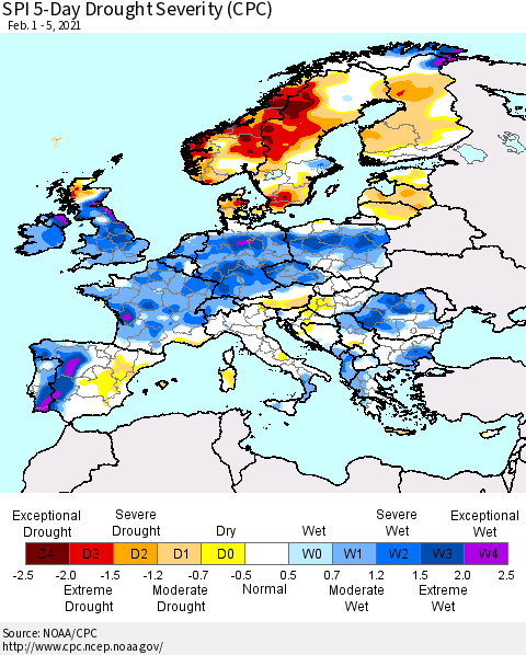 Europe SPI 5-Day Drought Severity (CPC) Thematic Map For 2/1/2021 - 2/5/2021