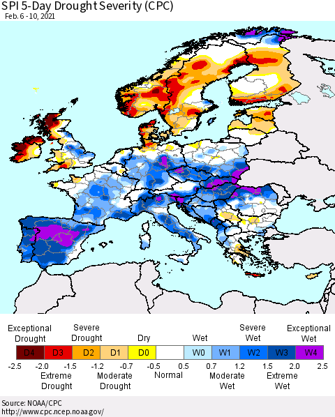 Europe SPI 5-Day Drought Severity (CPC) Thematic Map For 2/6/2021 - 2/10/2021