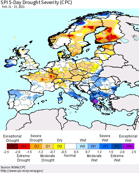 Europe SPI 5-Day Drought Severity (CPC) Thematic Map For 2/11/2021 - 2/15/2021