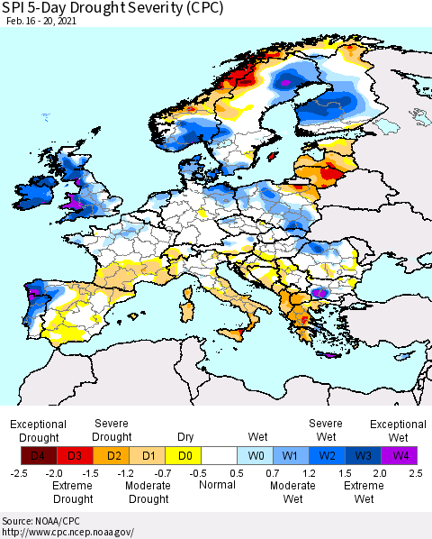 Europe SPI 5-Day Drought Severity (CPC) Thematic Map For 2/16/2021 - 2/20/2021