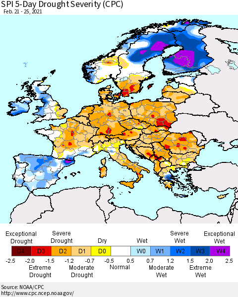 Europe SPI 5-Day Drought Severity (CPC) Thematic Map For 2/21/2021 - 2/25/2021
