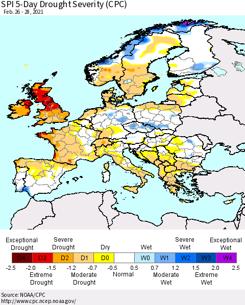 Europe SPI 5-Day Drought Severity (CPC) Thematic Map For 2/26/2021 - 2/28/2021