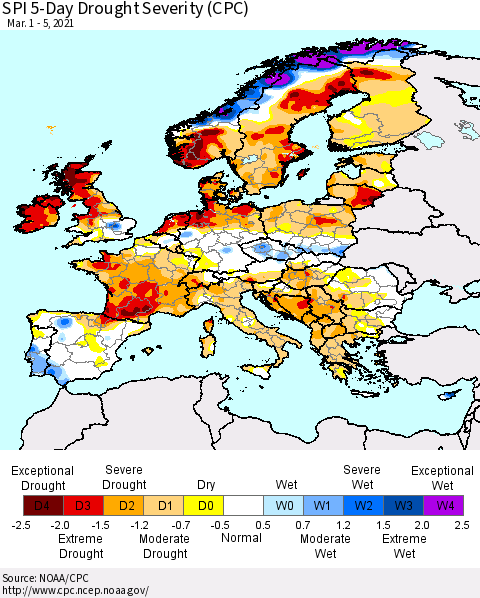 Europe SPI 5-Day Drought Severity (CPC) Thematic Map For 3/1/2021 - 3/5/2021