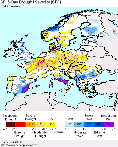 Europe SPI 5-Day Drought Severity (CPC) Thematic Map For 3/6/2021 - 3/10/2021