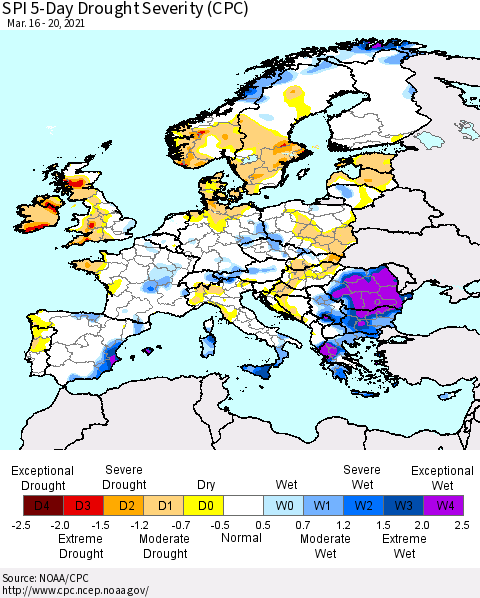 Europe SPI 5-Day Drought Severity (CPC) Thematic Map For 3/16/2021 - 3/20/2021