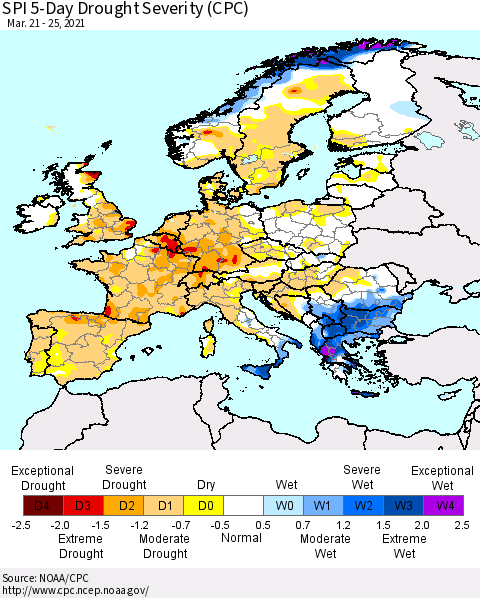 Europe SPI 5-Day Drought Severity (CPC) Thematic Map For 3/21/2021 - 3/25/2021