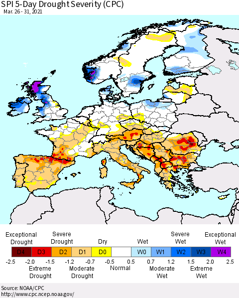 Europe SPI 5-Day Drought Severity (CPC) Thematic Map For 3/26/2021 - 3/31/2021