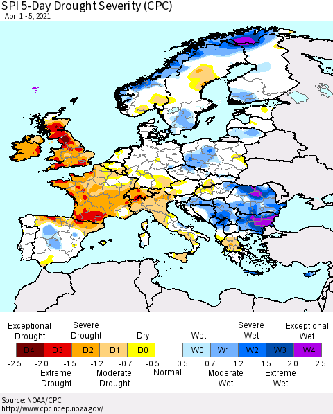 Europe SPI 5-Day Drought Severity (CPC) Thematic Map For 4/1/2021 - 4/5/2021