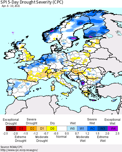 Europe SPI 5-Day Drought Severity (CPC) Thematic Map For 4/6/2021 - 4/10/2021