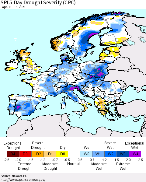 Europe SPI 5-Day Drought Severity (CPC) Thematic Map For 4/11/2021 - 4/15/2021
