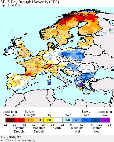 Europe SPI 5-Day Drought Severity (CPC) Thematic Map For 4/16/2021 - 4/20/2021