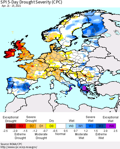 Europe SPI 5-Day Drought Severity (CPC) Thematic Map For 4/21/2021 - 4/25/2021
