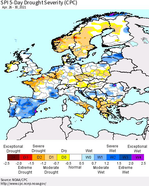 Europe SPI 5-Day Drought Severity (CPC) Thematic Map For 4/26/2021 - 4/30/2021