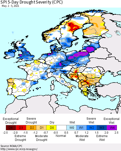 Europe SPI 5-Day Drought Severity (CPC) Thematic Map For 5/1/2021 - 5/5/2021