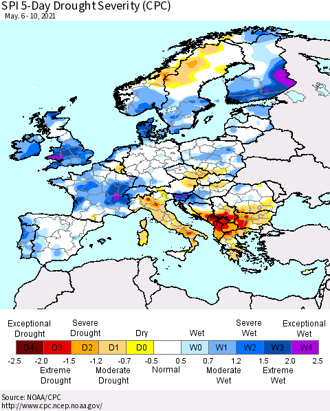 Europe SPI 5-Day Drought Severity (CPC) Thematic Map For 5/6/2021 - 5/10/2021