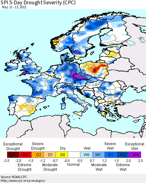Europe SPI 5-Day Drought Severity (CPC) Thematic Map For 5/11/2021 - 5/15/2021