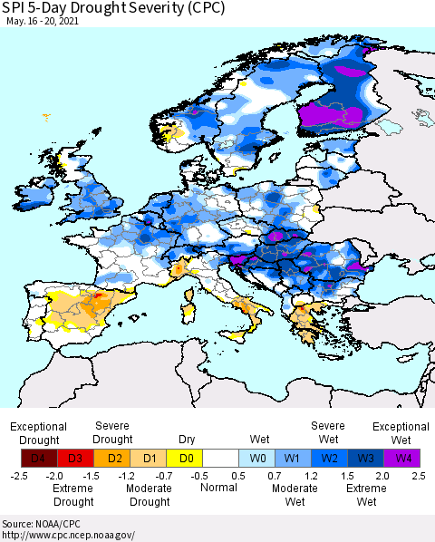Europe SPI 5-Day Drought Severity (CPC) Thematic Map For 5/16/2021 - 5/20/2021
