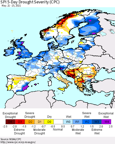 Europe SPI 5-Day Drought Severity (CPC) Thematic Map For 5/21/2021 - 5/25/2021