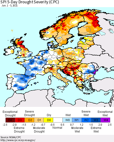 Europe SPI 5-Day Drought Severity (CPC) Thematic Map For 6/1/2021 - 6/5/2021