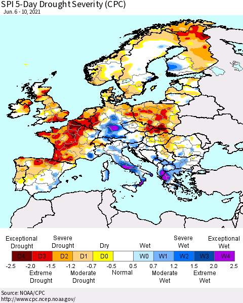 Europe SPI 5-Day Drought Severity (CPC) Thematic Map For 6/6/2021 - 6/10/2021