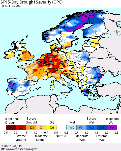 Europe SPI 5-Day Drought Severity (CPC) Thematic Map For 6/11/2021 - 6/15/2021