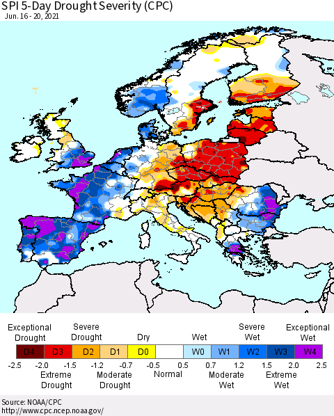 Europe SPI 5-Day Drought Severity (CPC) Thematic Map For 6/16/2021 - 6/20/2021
