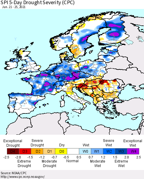 Europe SPI 5-Day Drought Severity (CPC) Thematic Map For 6/21/2021 - 6/25/2021