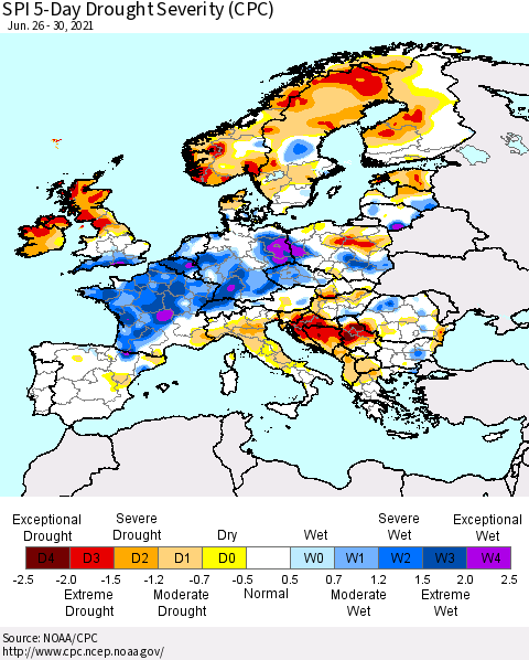 Europe SPI 5-Day Drought Severity (CPC) Thematic Map For 6/26/2021 - 6/30/2021