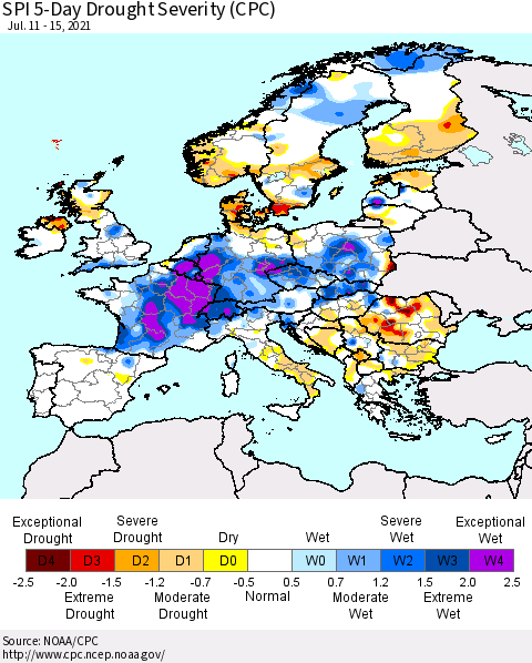 Europe SPI 5-Day Drought Severity (CPC) Thematic Map For 7/11/2021 - 7/15/2021