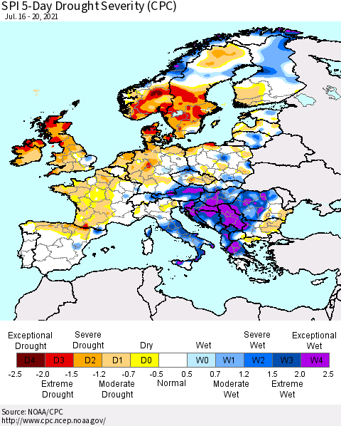 Europe SPI 5-Day Drought Severity (CPC) Thematic Map For 7/16/2021 - 7/20/2021